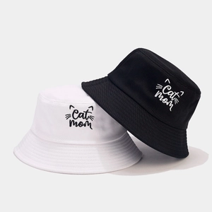 Cotton Bucket Hat With Cat Mom Embroidery Sun Protection Foldable Summer Outdoor Travel Sun Hat For Women