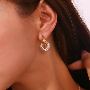 Chic 18K gold plated stainless steel hoop earrings with micro-inlaid zircon donuts