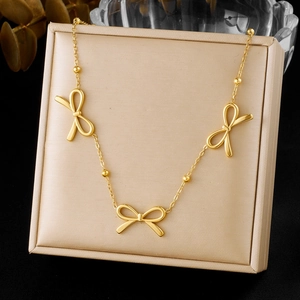 Hollow Bow Pendant Necklace Gold Plated Stainless Steel Bead Chain Elegant Minimalist Ins Style For Women