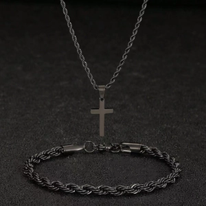 Minimalist black stainless steel cross pendant necklace and cable chain bracelet set for men