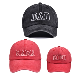 Matching set of washed cotton baseball caps with DAD MAMA and MINI embroidery for families