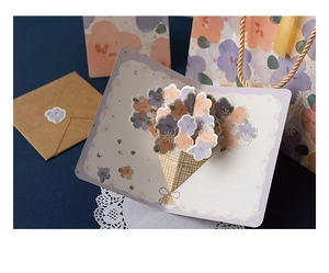 Detailed 3D pop-up flower greeting card set with matching envelope and gift bag