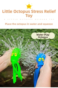 Action shot of blue and green octopus squeeze toys spraying water in an outdoor setting