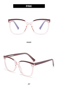 Detailed front and 45-degree angle views of two-tone pink cat-eye fashion optical frames