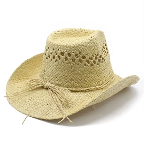 Hand-woven straw cowboy hat with cutout crown and natural beige finish for beach travel