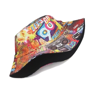 Retro 90s party bucket hat with vintage cassette tape graffiti print and black lining