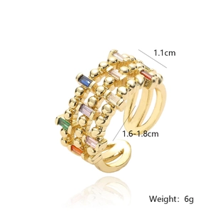 Adjustable gold plated bead ring with multicolored rectangular cubic zirconia stones