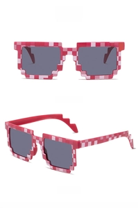 Detail view of red and pink pixel block pattern frames with dark grey lenses