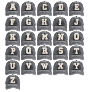 Grid display of vintage washed grey baseball caps with sequined A-Z letter patches