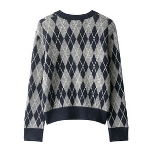 Classic argyle pattern long sleeve knit sweater with ribbed cuffs in navy and grey