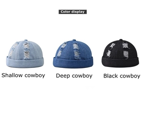 Three colors display of distressed denim docker hats in light blue, dark blue and black