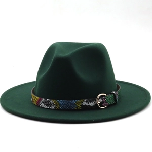 Detail of dark green fedora hat featuring a colorful snakeskin pattern belt with gold buckle