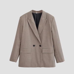 Blazer Pied De Poule Femme Double Boutonnage Revers Veste Polyester Rétro Style Britannique Manches Longues