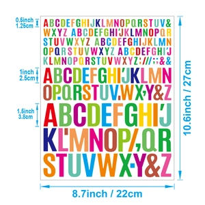 Detailed size guide for colorful alphabet stickers in 0.5, 1, and 1.5 inch heights