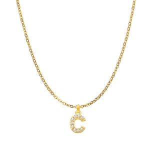 Detail of gold letter C pendant featuring sparkling cubic zirconia on a cable chain