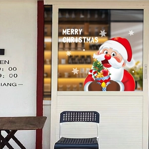 Cartoon Santa Claus and Merry Christmas static window stickers for holiday glass decoration