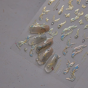 Traditional Chinese style nail stickers featuring golden phoenix and butterfly designs