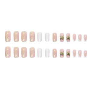 Mid-length aurora gold foil French press-on nails set with butterfly designs, 24 pieces
