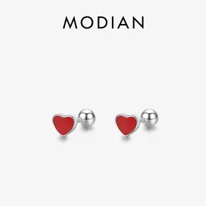 925 Sterling Silver Stud Earrings For Women Red Enamel Heart Shape Sweet Small Minimalist Jewelry With Screw Ball Back