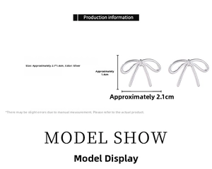 Detail showing dimensions of silver ribbon bow earrings measuring 2.1cm by 1.4cm