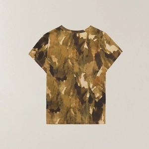 Macro detail of the crew neck and camouflage print fabric on this slim fit sport tee