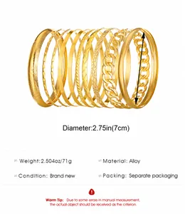 Detailed size chart for the 12-piece gold alloy chunky bangle set with 2.75 inch diameter