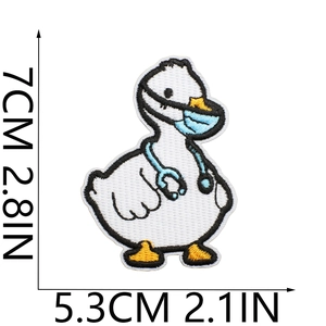 Detail of embroidered duck patch showing dimensions 7x5.3cm and premium doctor stitching