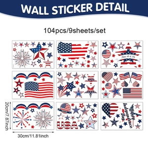 9-piece set of 104 Fourth of July static window decals with US flag and star designs