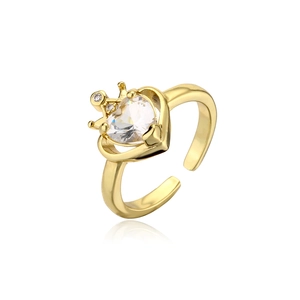 Adjustable gold plated crown heart ring with sparkling cubic zirconia on white background