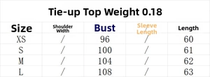 Detailed size chart showing measurements for side-tie top and wide-leg pants set