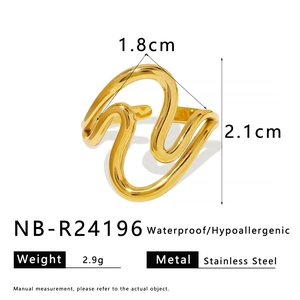 Detailed view of golden teardrop wave ring in stainless steel with exact dimensions
