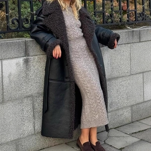 Faux Leather Shearling Coat Long Belted Thick Warm Lapel Streetwear Jacket Women Autumn Winter Outerwear