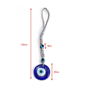 Detailed view of the 165mm evil eye keychain showing glass beads and woven cord