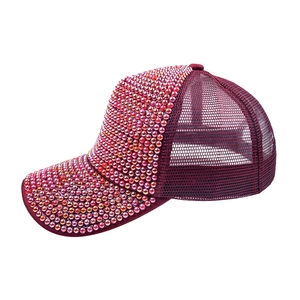 Burgundy rhinestone baseball cap with iridescent beads and mesh back at a 45-degree angle