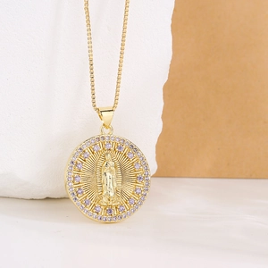 18K gold plated necklace with Virgin Mary medallion and purple zircon halo setting