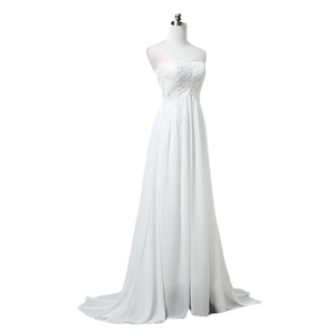 Elegant strapless white wedding dress with floral lace bodice and long chiffon train