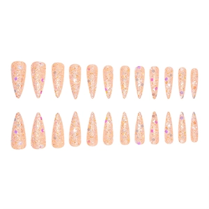 Macro view of long stiletto press-on nails with colorful glitter and sequins