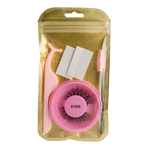 Glue-free false eyelashes set including pink applicator and brush in clear packaging