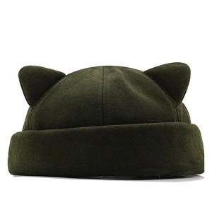 Cute cat ear beanie hat in army green color with a trendy knit rolled edge design