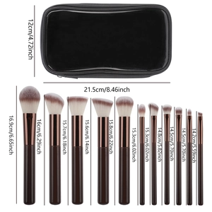 12pcs makeup brush set with wooden handles and black storage bag showing dimensions