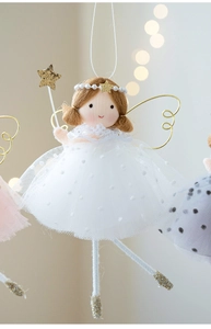 Detailed view of handmade Christmas angel ornament with lace dress and gold wand