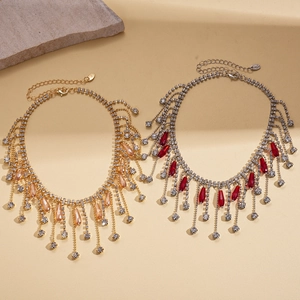 Colliers à franges géométriques avec strass et pierres en forme de goutte en or et argent