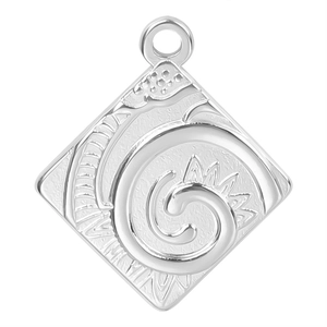 Detailed view of silver rhombic stainless steel pendant with embossed vortex tribal patterns