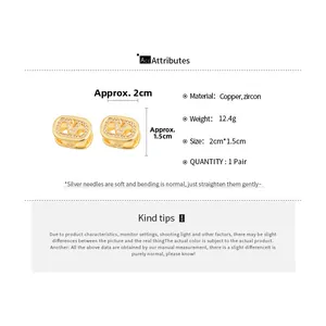 Detailed view of 18k gold plated V-logo earrings with dimensions and zircon settings