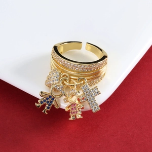 18K gold plated adjustable ring with boy, girl, heart, and cross charms with zircons