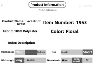 Detaillierte Größen- und Materialtabelle für das florale Maxi-Spitzenkleid