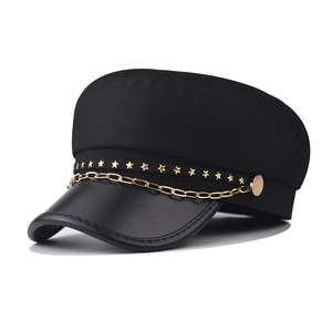 British Style Military Hat Women Vintage PU Leather Brim Flat Top Navy Cap With Gold Star Studs And Metal Chain