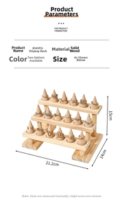 Three-tier solid wood ring display stand with dimensions 21.2x14x15cm for jewelry storage