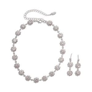 Silver flower jewelry set with sparkling rhinestones necklace and matching earrings