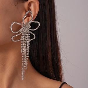 Macro shot of large crystal butterfly earrings with long fringe tassels on model